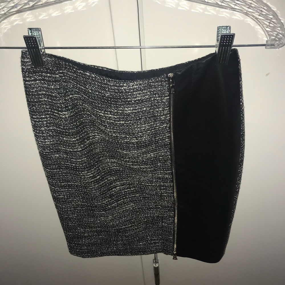 Lambskin leather and tweed mid knee skirt